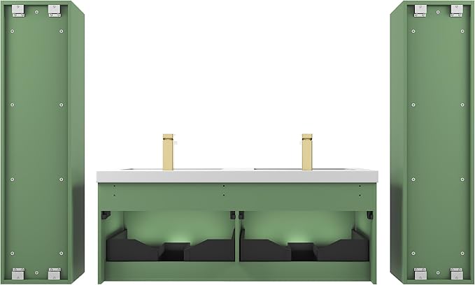 Blossom 48 Inch Double Sink Bathroom Vanity with Side Cabinets, All Wood Wall Mounted Floating Bathroom Vanity with Acrylic Sink, Soft-Close Drawers, Bathroom Vanities, Aventurine Green