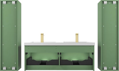 Blossom 48 Inch Double Sink Bathroom Vanity with Side Cabinets, All Wood Wall Mounted Floating Bathroom Vanity with Acrylic Sink, Soft-Close Drawers, Bathroom Vanities, Aventurine Green