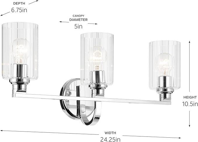 Kichler Gioe 24.25" 3-Light Vanity Light with Clear Fluted Glass in Chrome, Damp Rated, for Bathroom, Powder Room, Over a Mirror, (24.25" W x 10.5" H), 55226CHFLU