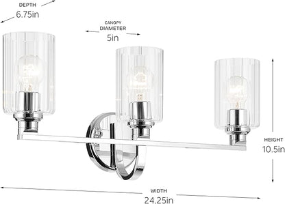 Kichler Gioe 24.25" 3-Light Vanity Light with Clear Fluted Glass in Chrome, Damp Rated, for Bathroom, Powder Room, Over a Mirror, (24.25" W x 10.5" H), 55226CHFLU