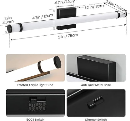 Modern Bathroom Vanity Light 31 Inch Black Bathroom Light Fixtures Over Mirror 19W Dimmable 5CCT LED Vanity Light Bar for Bathroom Mirror Cabinets Bedroom(Built-in Dimmer)