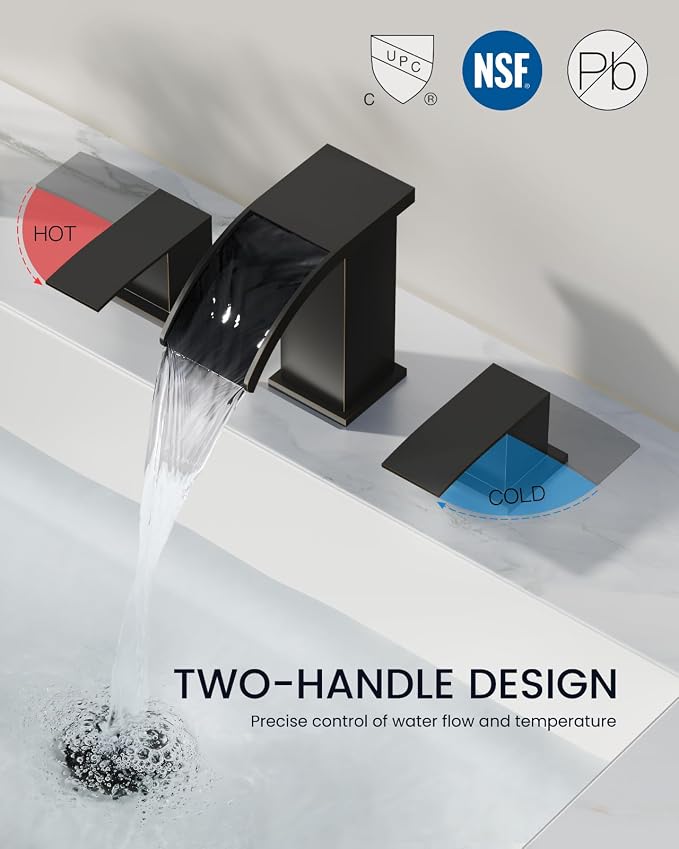 gotonovo Waterfall Bathroom Faucet 3 Hole Square Body,Oil Rubbed Bronze | SUS304 8’’ Widespread Bathroom Sink Faucet,2.17’’ Wide Spout,24’’ cUPC Hose,Pop Up Drain,2 Handle,Vanity,Lavatory,Basin,RV