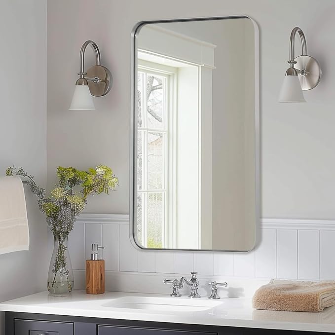 Brushed Nickel Bathroom Mirror, 24”x40” Rounded Corner Rectangle Mirror, Modern Metal Frame Bathroom Vanity Mirror