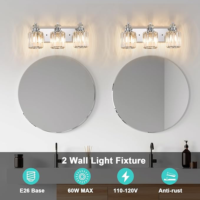 Chrome Bathroom Light Fixtures with K9 Crystal Lampshade Bathroom Lighting Over Mirror Vanity Lights for Living Room,Bedroom,Restroom,Hallway 3 Lights
