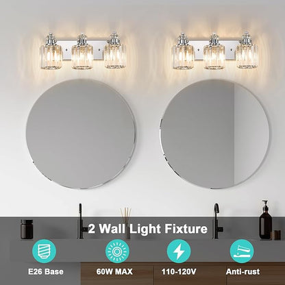 Chrome Bathroom Light Fixtures with K9 Crystal Lampshade Bathroom Lighting Over Mirror Vanity Lights for Living Room,Bedroom,Restroom,Hallway 3 Lights