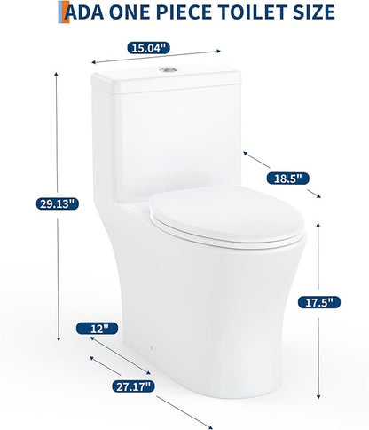 One Piece Toilet with ADA Height, Ceramic Design, Soft Closing PP Toilet Cover, Easy Clean Surface, Water Efficient Flush, Compact Durable Build