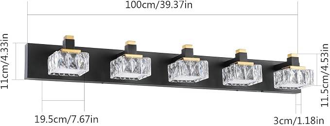 SineRise Bathroom Vanity Lights Over Mirror,5-Light Dimmable 5CCT Led Vanity Lights Black Gold Crystal Wall Sconce Lighting 40 inches Modern Vanity Light for Bathroom,Bedroom,Living Room(3000K-6000K)