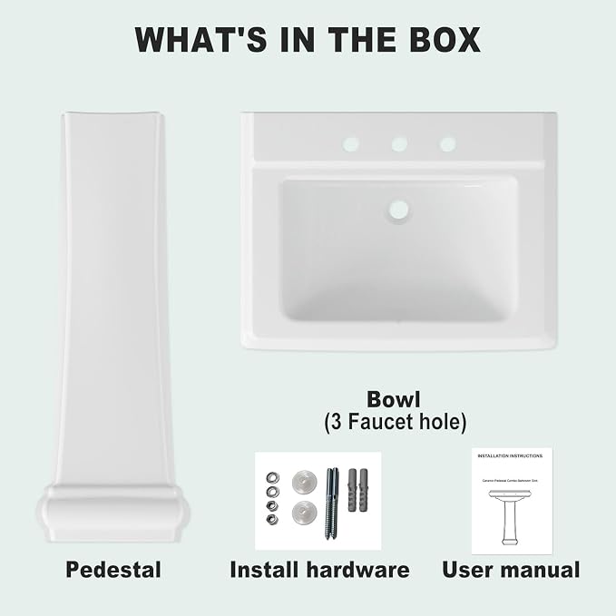 Pedestal Sink Square Ceramic Basin with 8 inch 3-Hole Installation, Spacious Bathroom Sink for Home Vanity Projects, Elegant Pedestal Style for Bathroom Remodels