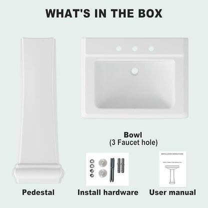 Pedestal Sink Square Ceramic Basin with 8 inch 3-Hole Installation, Spacious Bathroom Sink for Home Vanity Projects, Elegant Pedestal Style for Bathroom Remodels