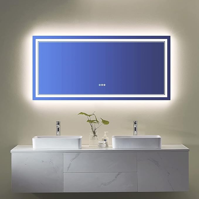 60x28 Inch RGB LED Bathroom Mirror with Lights | Front and RGB Backlit, Dimmable, Memory, Anti Fog, Shatterproof, Horizontal/Vertical, Lighted Mirrors for Bathroom Wall