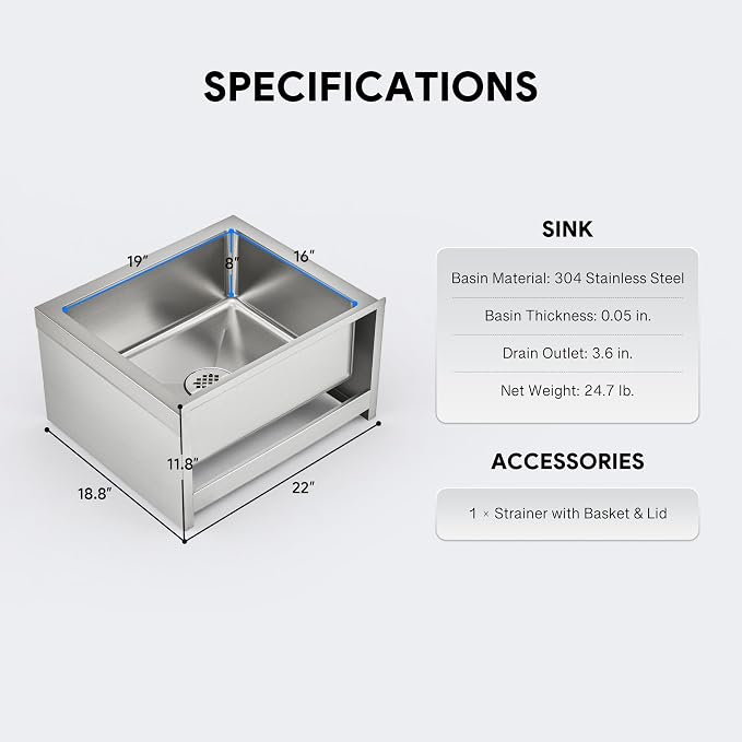 Commercial Mop Sink, 19x16x8 Inch 304 Stainless Steel Utility Sink with Strainer & X-Shaped Floor Guides for Kitchen Laundry Garage Pet Salon