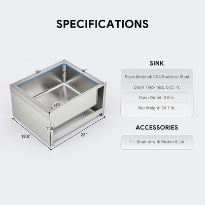 Commercial Mop Sink, 19x16x8 Inch 304 Stainless Steel Utility Sink with Strainer & X-Shaped Floor Guides for Kitchen Laundry Garage Pet Salon