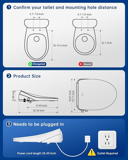 Heated Smart Toilet Seat with Feminine Wash & Dryer, Elongated Bidet with Adjustable Water Temperature, Pressure & Nozzle Position, Easy Installation & Soft-Close Lid for Modern Bathrooms