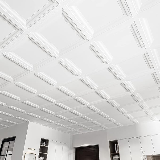 Art3d 24-Pack Square Drop Ceiling Tile 2ft x 2ft in White, PVC Ceiling Panel 24 x 24in. - Compatible with 15/16" Drop Ceil Grid System