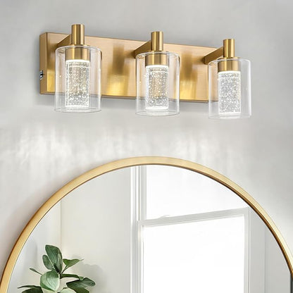 SineRise Vanity Light with 3 Color Modes (3000K/4000K/6000K), Eye Protection LED Bathroom Light Fixture, Dimmable Modern Wall Light Over Mirror with Clear Glass Shade (Gold, 3-Light)