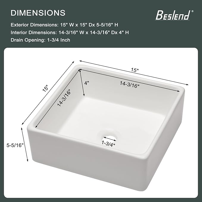 White Bathroom Vessel Sink - Beslend 15x15 Inch White Ceramic Porcelain Square Bathroom Sink Lavatory Modern Art Basin