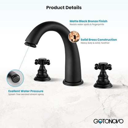 gotonovo Widespread Bathroom Sink Faucet 3 Hole Matte Black,No Label | Vintage 8’’ Bathroom Faucet,2 Cross Handle,6-16’’ Sink,Vanity,RV,Farmhouse,SUS304,24’’ cUPC Hose,Pop Up Drain,Deck Mount