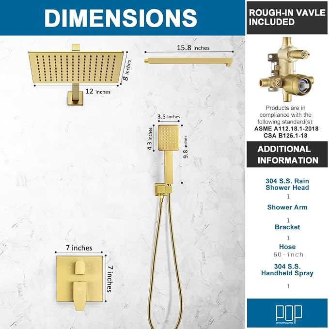 Shower Faucet Set Brushed Gold Rianfall 12 Inch Shower Head and Handle Set Bathroom Rain Shower System Wall Mounted Shower Fixture Include Shower Valve and Trim Kit
