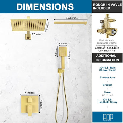 Shower Faucet Set Brushed Gold Rianfall 12 Inch Shower Head and Handle Set Bathroom Rain Shower System Wall Mounted Shower Fixture Include Shower Valve and Trim Kit