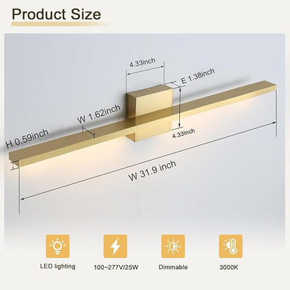 Gold Bathroom Light Fixtures Over Mirror, 32 Inch Brass Bathroom Vanity Light, LED Modern Wall Sconce 3000K Bar Vanity Lights
