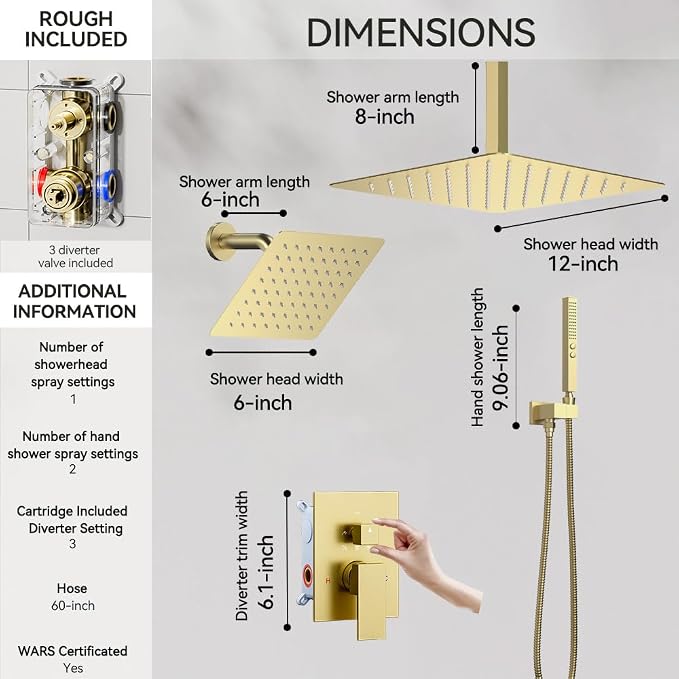 Shower System Shower Faucet Set, STARBATH 12"+6" Ceiling Mount Rain Shower Head and Handheld Spray for Two Person, Rainfall Shower System with Diverter Valve and Trim Kit Complete,Brushed Gold
