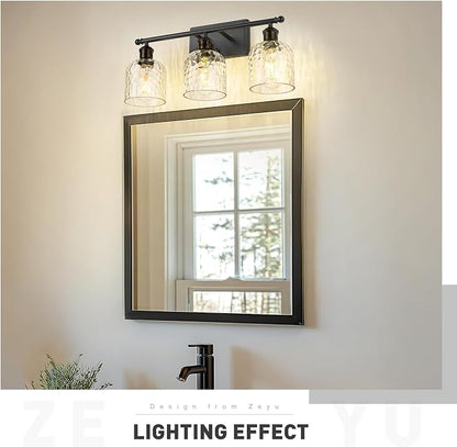 zeyu Bathroom Black Vanity Light, 21'' Black Bathroom Light Fixture 3 Light, Modern Vanity Lamp with Clear Hammered Glass, ZJF63B-3W BK