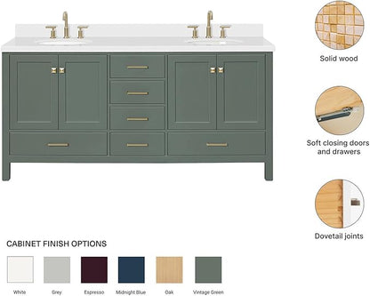 ARIEL Cambridge 72-inch Bathroom Vanity with Sink,Solid Wood, 1.5-inch Pure White Quartz Countertop & Backsplash, Double Oval Porcelain Sink, 4 Soft Closing Doors, 6 Dovetail Drawers, Vintage Green