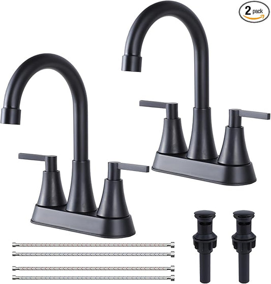 VCCUCINE Bathroom Faucet Matte Black 2 Handle,4-Inch Centerset Bathroom Sink Faucet with pop-up Drainer and 2 Water Supply Hoses, 360°Swivel Spout Bath Rv Lavatory Vanity,2 Pack,VC-MC-010B-2