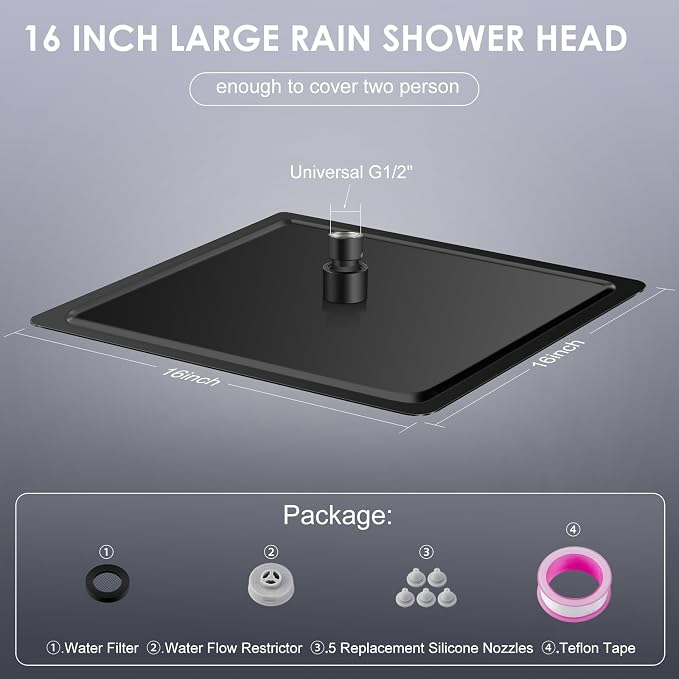 16 inch Matte Black Large Rain Shower Head - All Metal 304 Stainless Steel, Full Body Rainfall Shower with 324 Silicone Nozzles - Waterfall Bathroom Square Showerheads, Ceiling Mounted