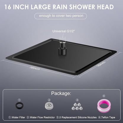 16 inch Matte Black Large Rain Shower Head - All Metal 304 Stainless Steel, Full Body Rainfall Shower with 324 Silicone Nozzles - Waterfall Bathroom Square Showerheads, Ceiling Mounted