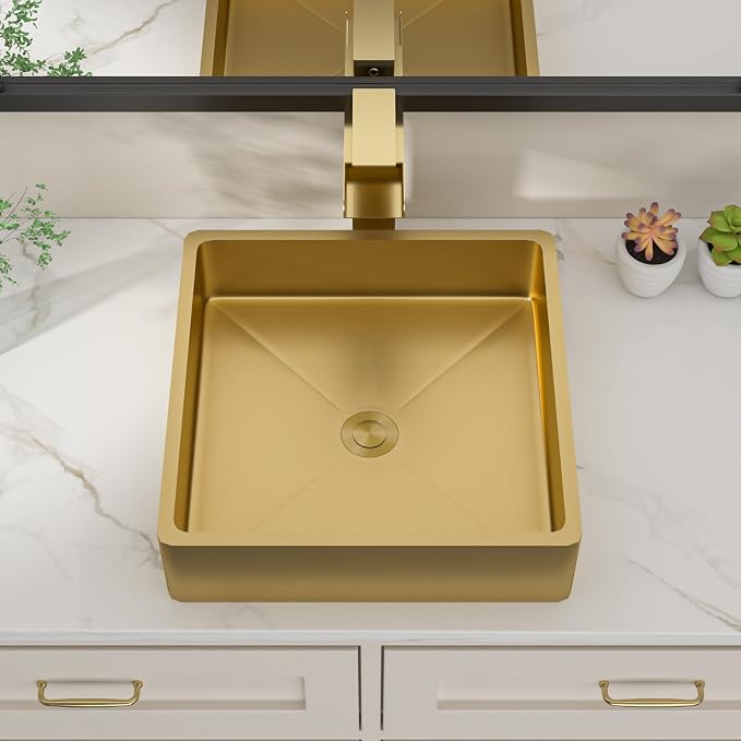 Dcolora 15 In. Gold Drop In Bathroom Vessel Sink for Vanity, 16 Gauge Stainless Steel Sink with Drain Assembly, 15"D x 15"W x 4"H #DC-VS261202