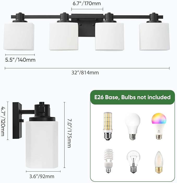 32 Inch Matte Black Bathroom Light Fixtures Over Mirror 4 Light Bathroom Vanity Light Milk Glass Makeup Shower Lamp Small Farmhouse Wall Sconce Modern Desk Vintage Rustic Bath Sink Lighting