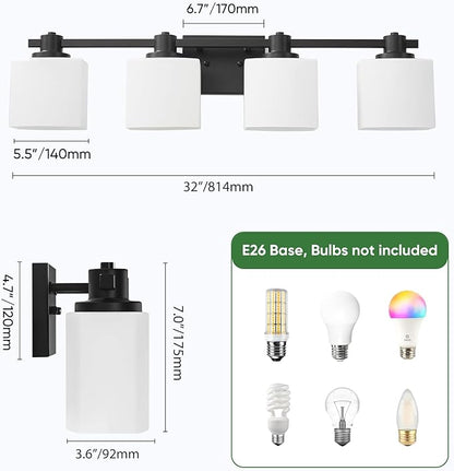 32 Inch Matte Black Bathroom Light Fixtures Over Mirror 4 Light Bathroom Vanity Light Milk Glass Makeup Shower Lamp Small Farmhouse Wall Sconce Modern Desk Vintage Rustic Bath Sink Lighting