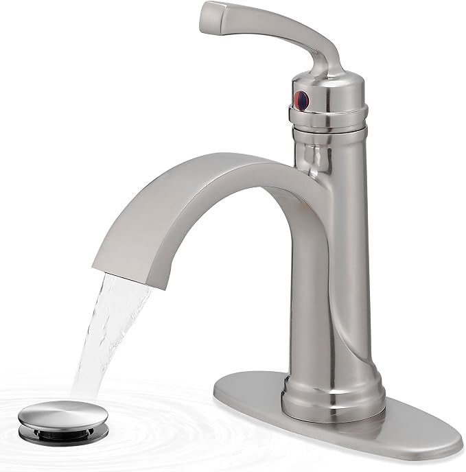 Brass Waterfall Bathroom Faucets Brushed Nickel Single Handle Bathroom Faucet 3 Hole or 1 Hole, 4 Inch Bathroom Sink Faucet, Bathroom Vanity Faucet with Drain Deck Plate No Peeling Paint