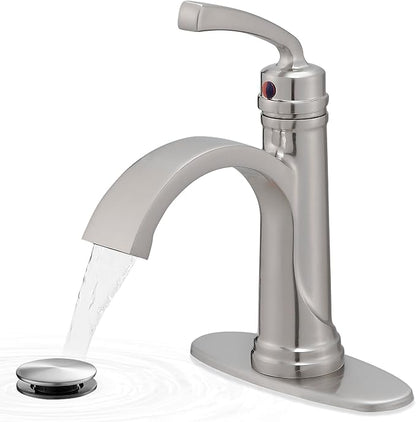 Brass Waterfall Bathroom Faucets Brushed Nickel Single Handle Bathroom Faucet 3 Hole or 1 Hole, 4 Inch Bathroom Sink Faucet, Bathroom Vanity Faucet with Drain Deck Plate No Peeling Paint