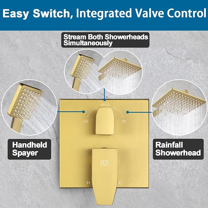 Shower Faucet Set Brushed Gold Rainfall 10 Inch Shower Head and Handle Set Bathroom Rain Shower System Wall Mounted Shower Fixture Shower Valve and Trim Kit