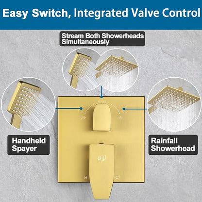 Shower Faucet Set Brushed Gold Rainfall 10 Inch Shower Head and Handle Set Bathroom Rain Shower System Wall Mounted Shower Fixture Shower Valve and Trim Kit