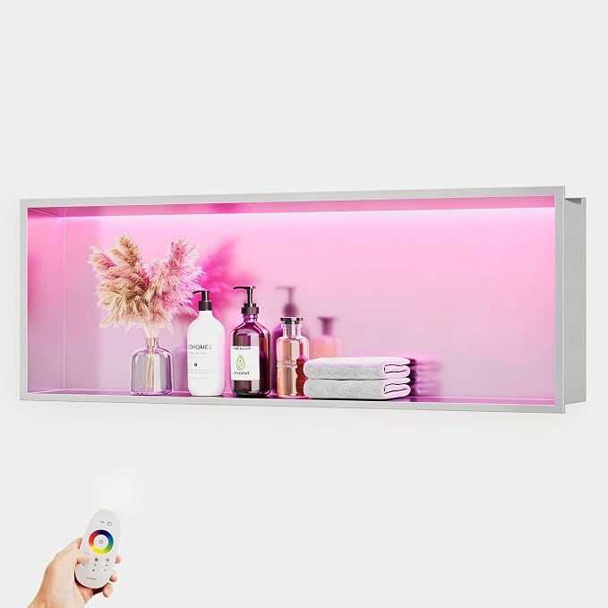 36X12 RGB Shower Niche, Brushed Nickel Stainless Steel LED Wall Niche, No Tile Needed Wall Cabinet for Bathroom Storage, 3000K Warm Light