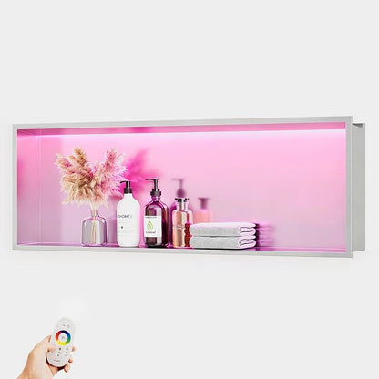 36X12 RGB Shower Niche, Brushed Nickel Stainless Steel LED Wall Niche, No Tile Needed Wall Cabinet for Bathroom Storage, 3000K Warm Light