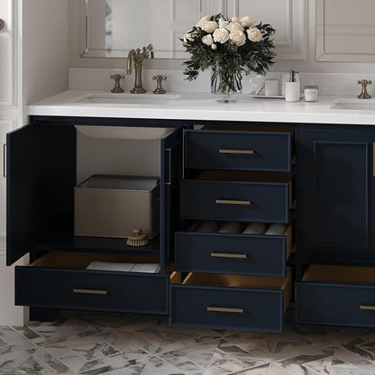 ARIEL Stafford 72-inch Bathroom Vanity with Sink,Solid Wood, 1.5-inch Pure White Quartz Countertop, Double Rectangular Porcelain Sink, 4 Soft Closing Doors, 6 Dovetail Drawers, Midnight Blue