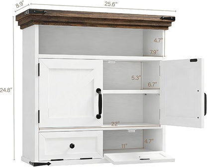 Bathroom Wall Cabinet, Farmhouse Medicine Cabinet with Door, 8.9"D x 25.6"W x 24.8"H, Wall Mounted Bathroom Cabinet with Adjustable Shelf, Wall Storage Cabinet for Laundry Room & Kitchen(White)