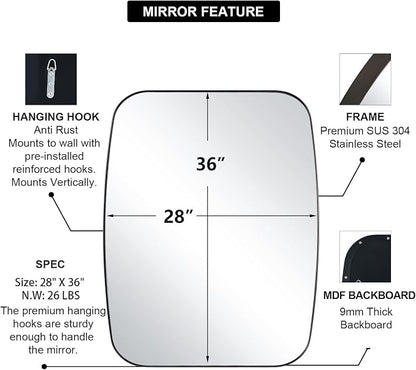 Brushed Bronze Mirror, 28x36 Inch Stainless Steel Metal Frame Oblong Bathroom Mirror for Vanity, 1’’ Deep Wall Mounted Vertically/Horizontal