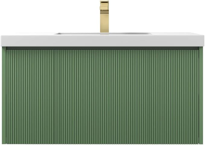 Blossom 36 Inch Bathroom Vanity with Sink, All Wood Wall Mounted Floating Bathroom Vanity Cabinet with Acrylic Sink, Bathroom Sink Cabinet w/Soft-Close Drawer, Modern Style Vanities, Aventurine Green