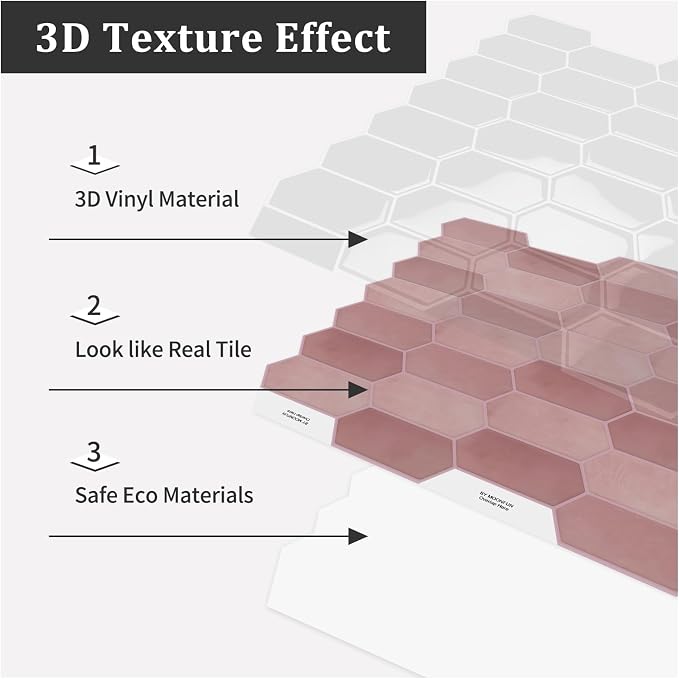 10-Sheet Long Hexagon Peel and Stick Kitchen Backsplash Tiles | 3D Waterproof Self-Adhesive Wall Tile Stick on Backsplash for Kitchen, Bathroom, Fireplace,RV(Pink,12"×12")