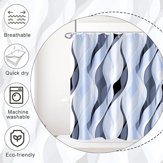 Light Blue Shower Curtain, Modern Abstract Blue and Grey Striped Shower Curtain Set for Bathroom Waterproof Polyester Shower Curtain with Hooks, 72x78 Inch