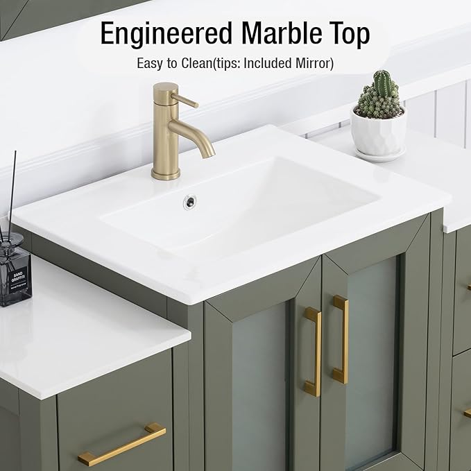 HOMEBEYOND 48 Inch Modern Bathroom Vanity with Sink & Mirror, Single Vanity Cabinet with Basin and Mirror, Dove-Tailed Drawers, Soft-Closing Doors, Wood, Vintage Green