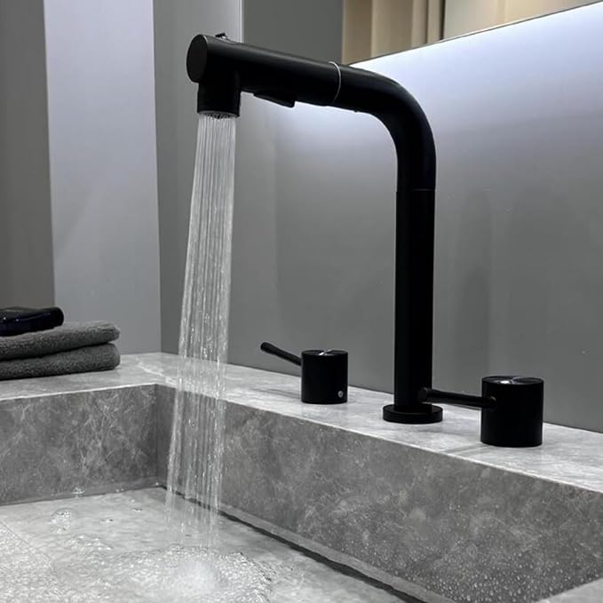3 Hole Basin Faucets Pull Out Basin Mixer Faucet Brass-Black
