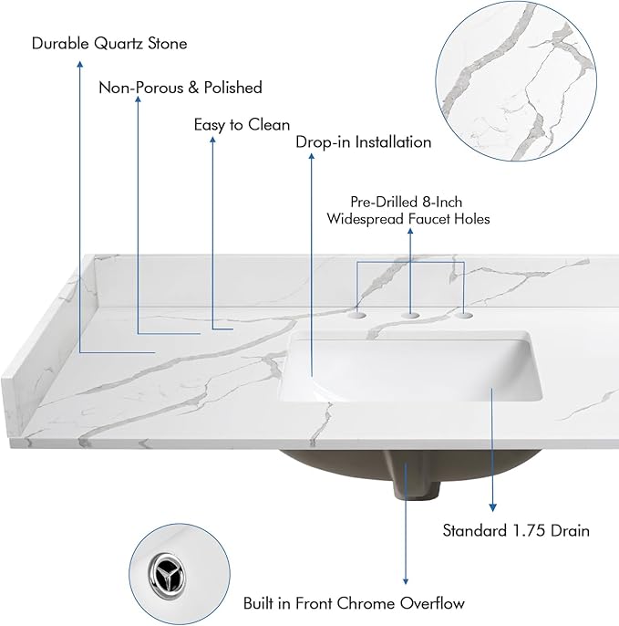 48 in.W x 22 in.D Quartz Calacatta River Vanity Top,with Undermount Single Middle Sink Vanity Top,with Two Sidesplash & One Backsplash,8 Inch Faucet Hole Spread Bathroom Vanity Sink Countertop