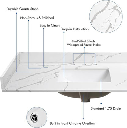 42 in.W x 22 in.D Quartz Calacatta River Vanity Top,with Undermount Middle Sink Vanity Top,with Two Sidesplash & One Backsplash,8 Inch Faucet Hole Spread Bathroom Vanity Sink Countertop