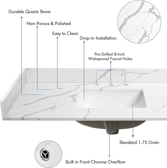 42 in.W x 22 in.D Quartz Calacatta River Vanity Top,with Undermount Middle Sink Vanity Top,with Two Sidesplash & One Backsplash,8 Inch Faucet Hole Spread Bathroom Vanity Sink Countertop